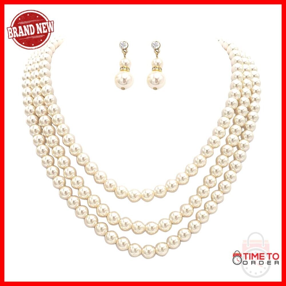 Triple Strand Faux Pearl Necklace Earring Set Adjustable 16-20in